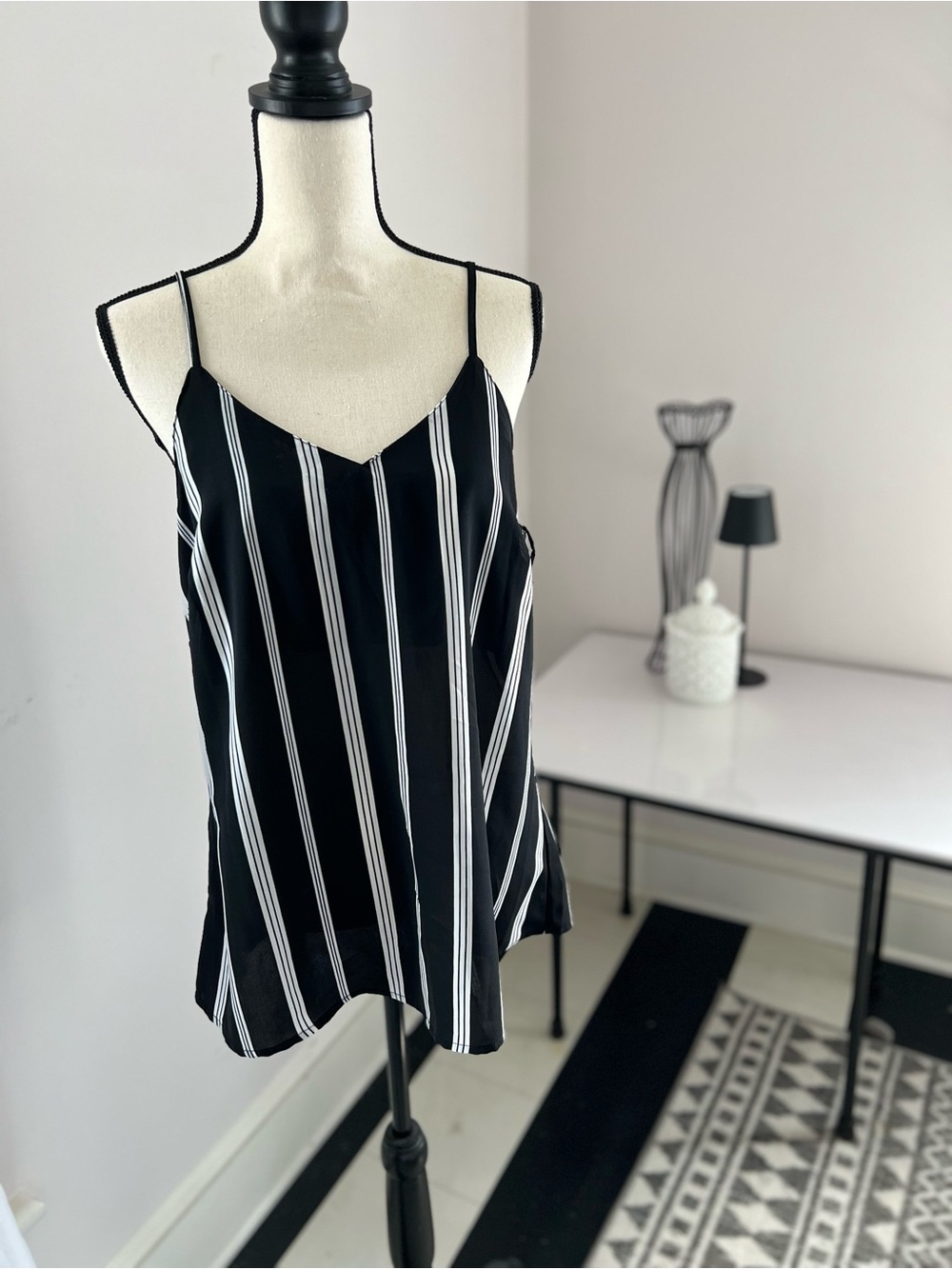 Japna Black and White Vertical Stripe Spaghetti Strap Cami